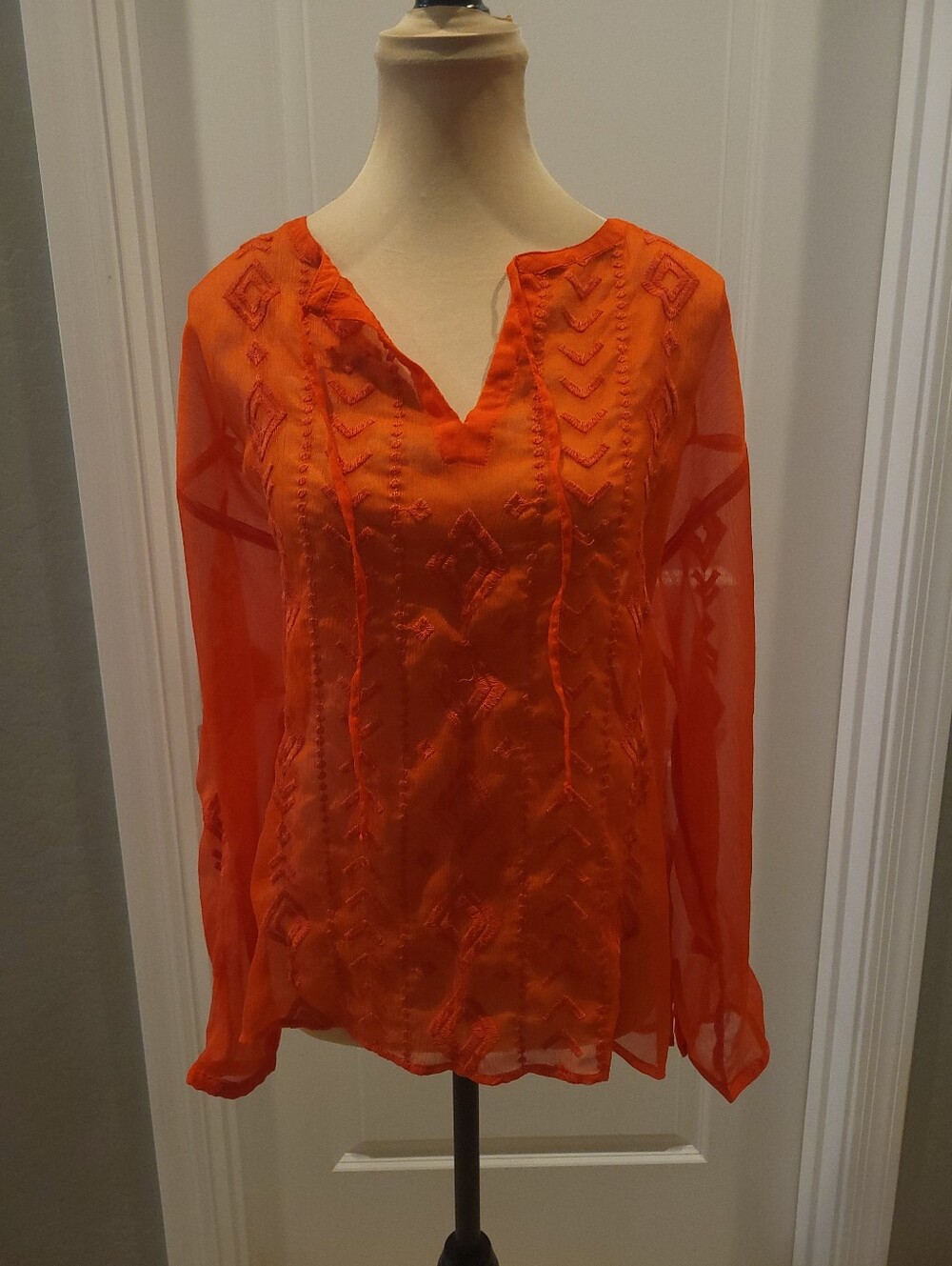 Old Navy Orange Embroidered V-Neck Tunic Top